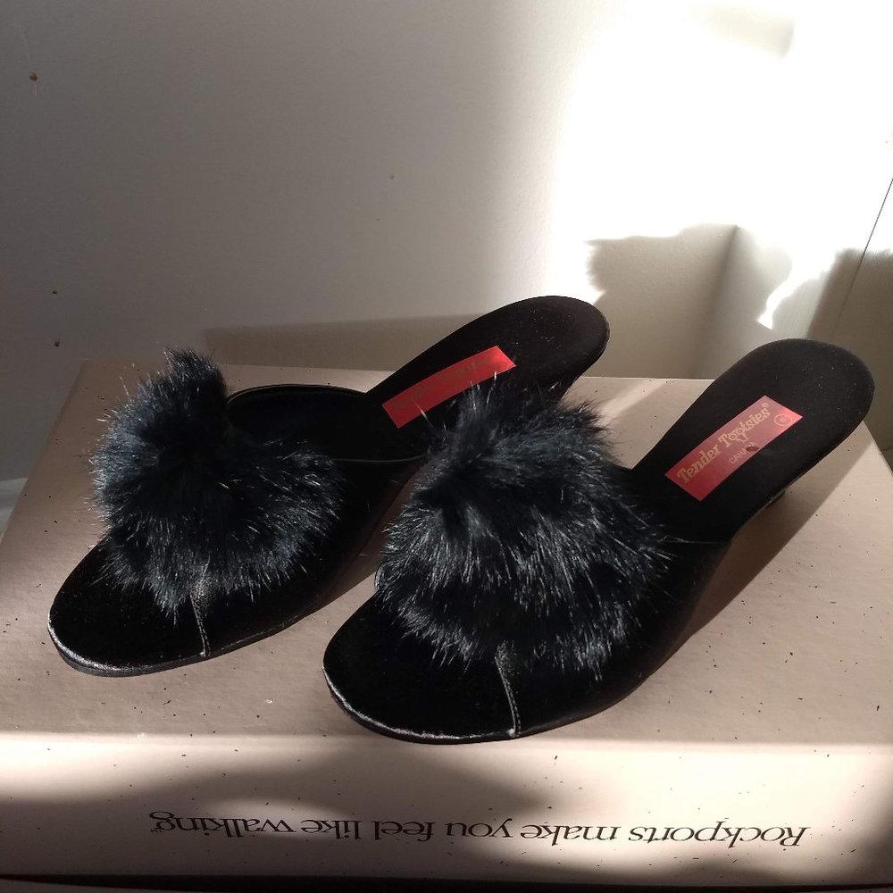 Black Faux Fur Slide Heels - Women's Elegant Slip-On